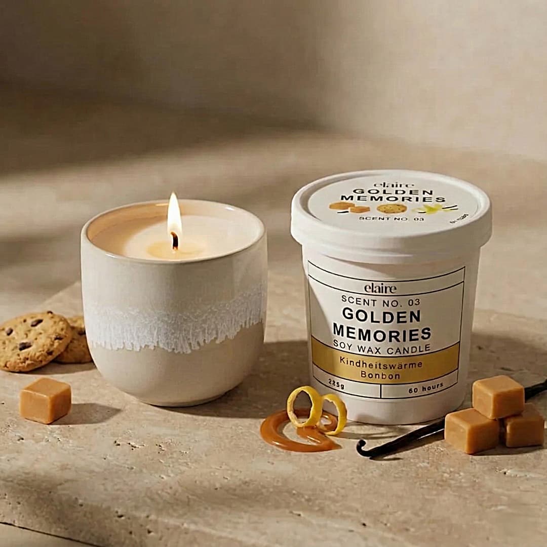 Mix it Match it Love it – Duftkerze Golden Memories im weiß-beigen Gefäß
