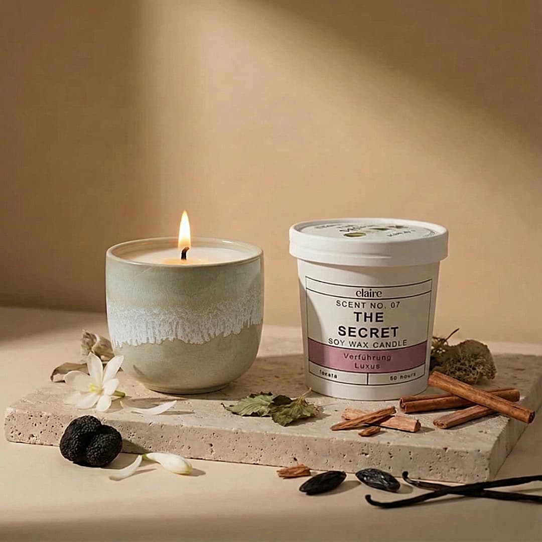 Mix it Match it Love it – Duftkerze The Secret im weiß-beigen Gefäß