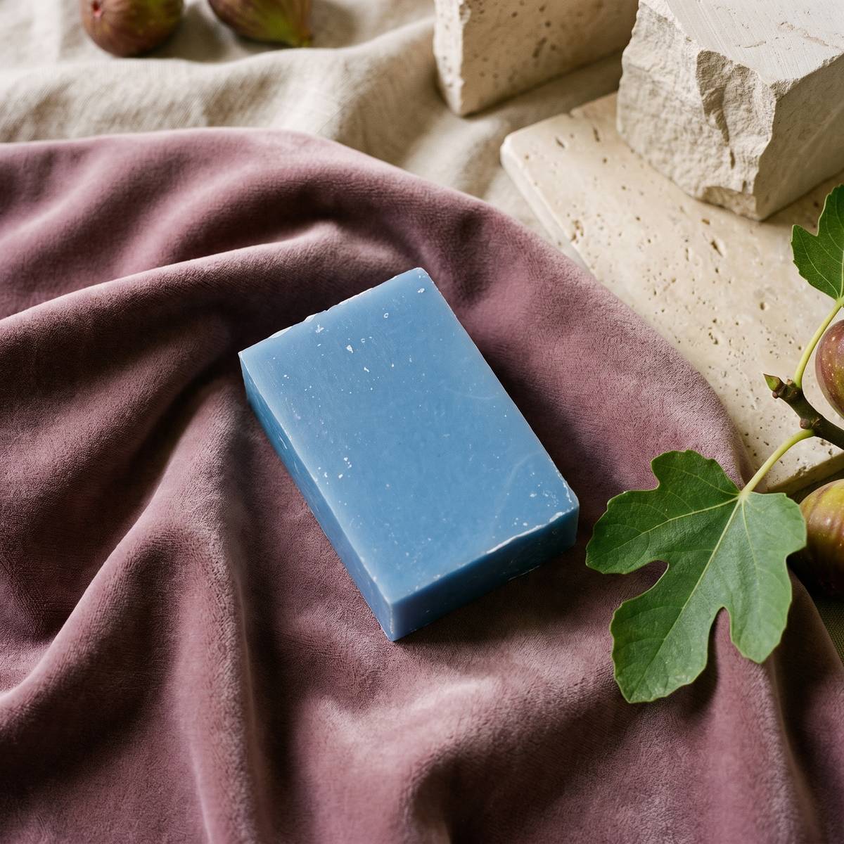 Blaue Velvet Shade Seife auf mauvefarbenem Samt
